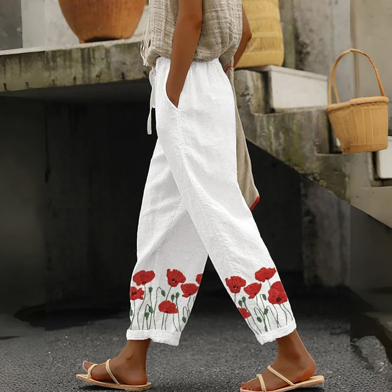 Red Floral Art Print Casual Pocket Pants - White - US 20 (5XL) - image 1