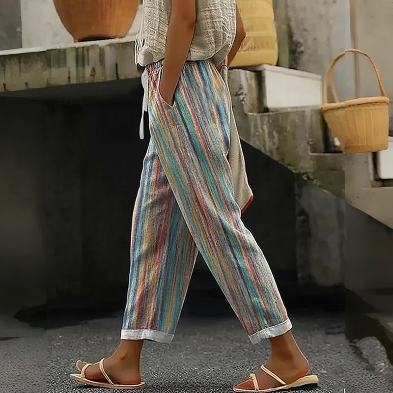 Colorful Vertical Stripe Art Print Casual Pocket Pants - Green - US 20 (5XL) - image 2