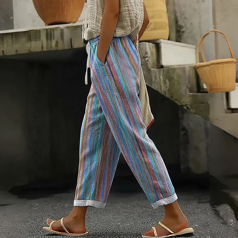 Colorful Vertical Stripe Art Print Casual Pocket Pants - Blue - US 20 (5XL) - image 1