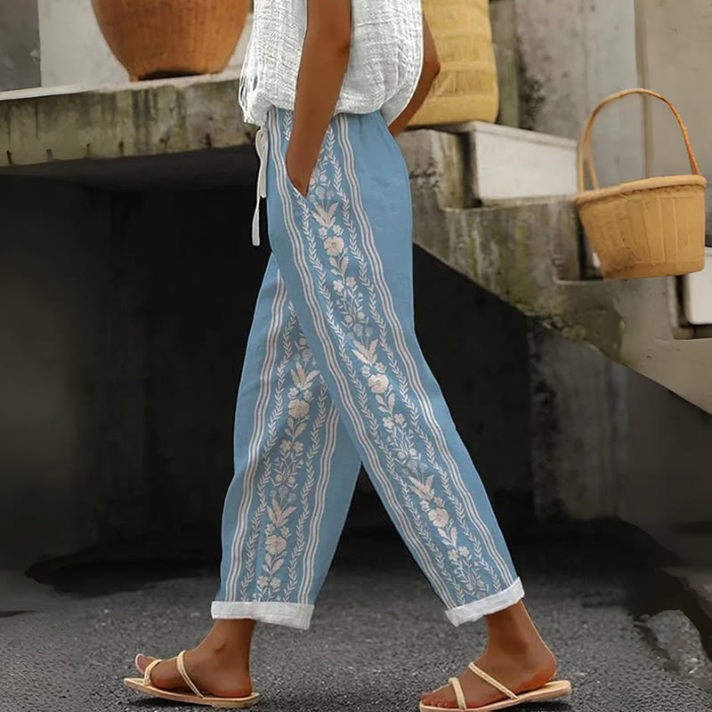 White Floral Stripe Art Print Casual Pocket Pants - Sky Blue - US 20 (5XL) - image 1