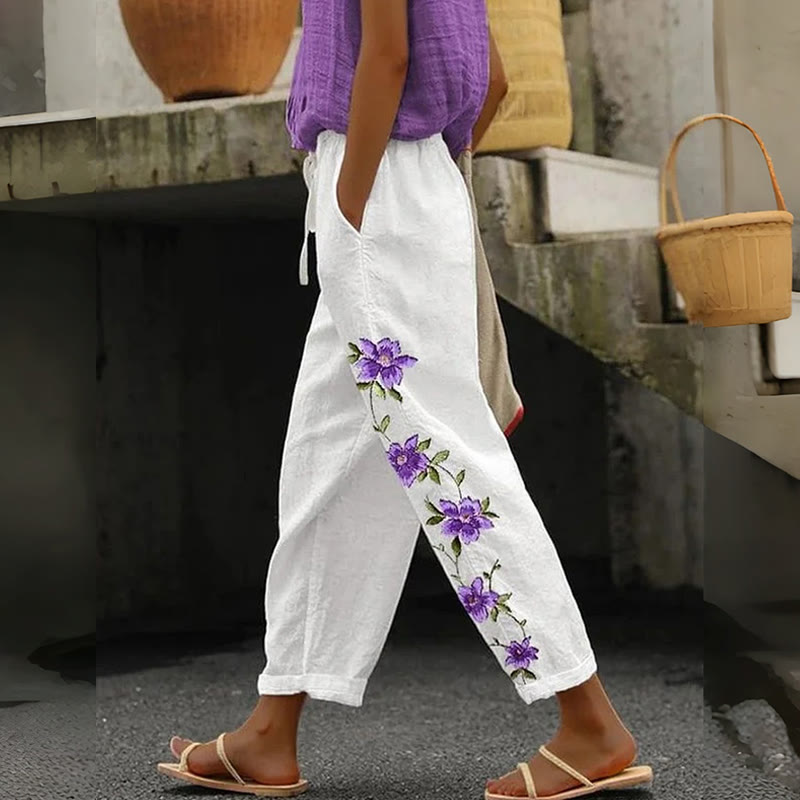 Bohemian Side Flower Art Print Casual Pocket Pants - White - US 20 (5XL) - image 1