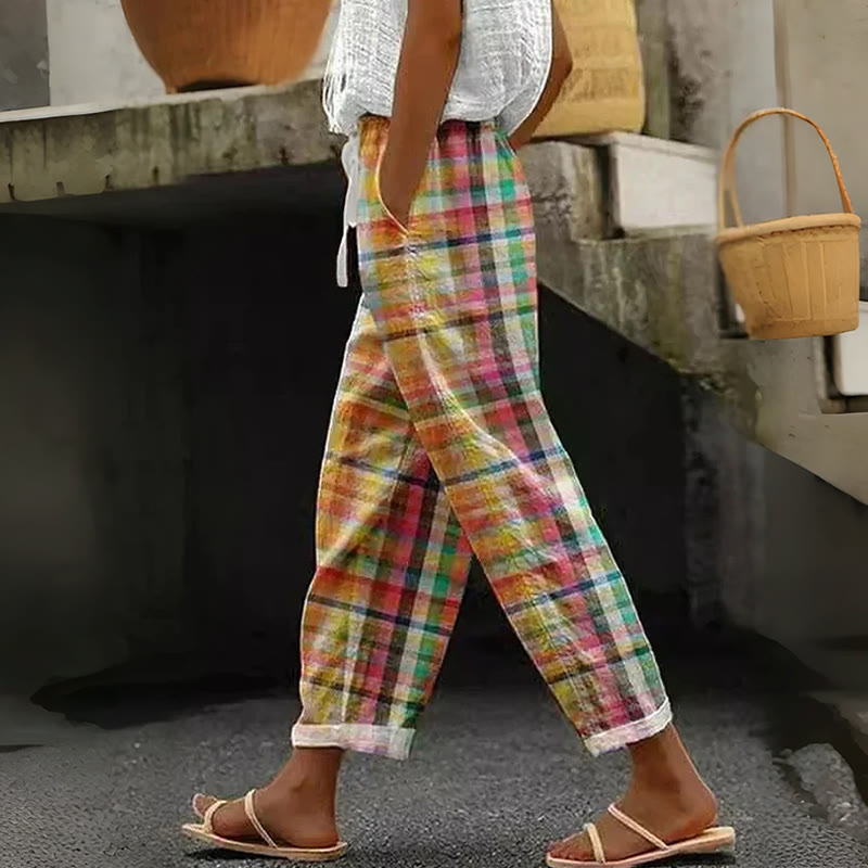 Multicolor Madras Plaid Art Print Casual Pocket Pants - Orange - US 20 (5XL) - image 1