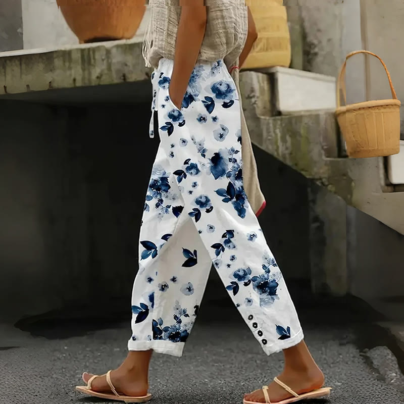 Watercolor Blue Rose Art Print Casual Pocket Pants - White - US 20 (5XL) - image 1