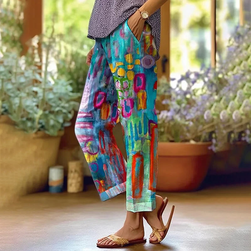 Multicolor Abstract Art Print Casual Pocket Pants - Multicolor - US 20 (5XL) - image 1