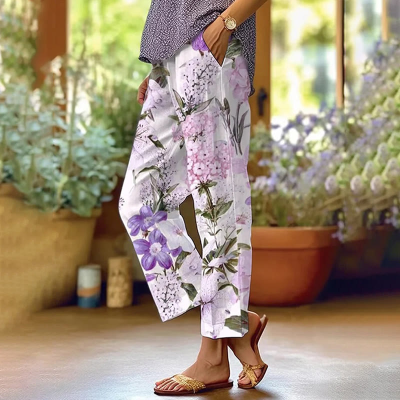 White & Purple Watercolor Floral Art Print Casual Pocket Pants - Purple - US 20 (5XL) - image 1