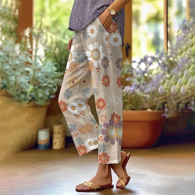 Boho Multicolor Floral Art Print Casual Pocket Pants - Khaki - US 20 (5XL) - image 1