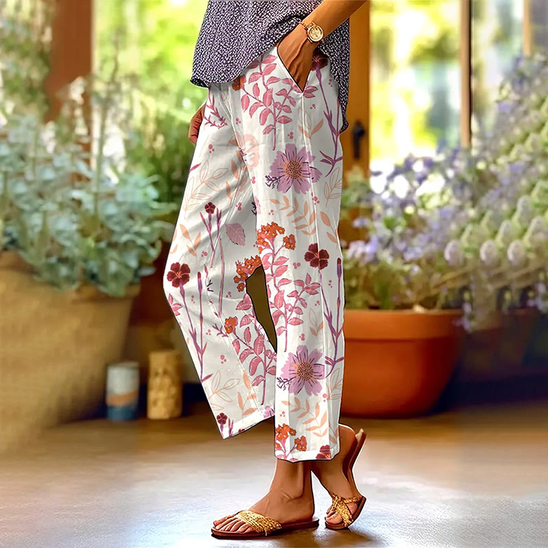 Retro Floral Art Print Casual Pocket Pants - White - US 20 (5XL) - image 1