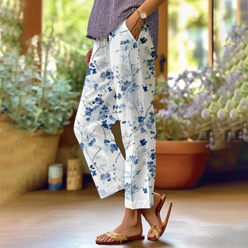 Blue Blossom Art Print Casual Pocket Pants - White - US 20 (5XL) - image 1