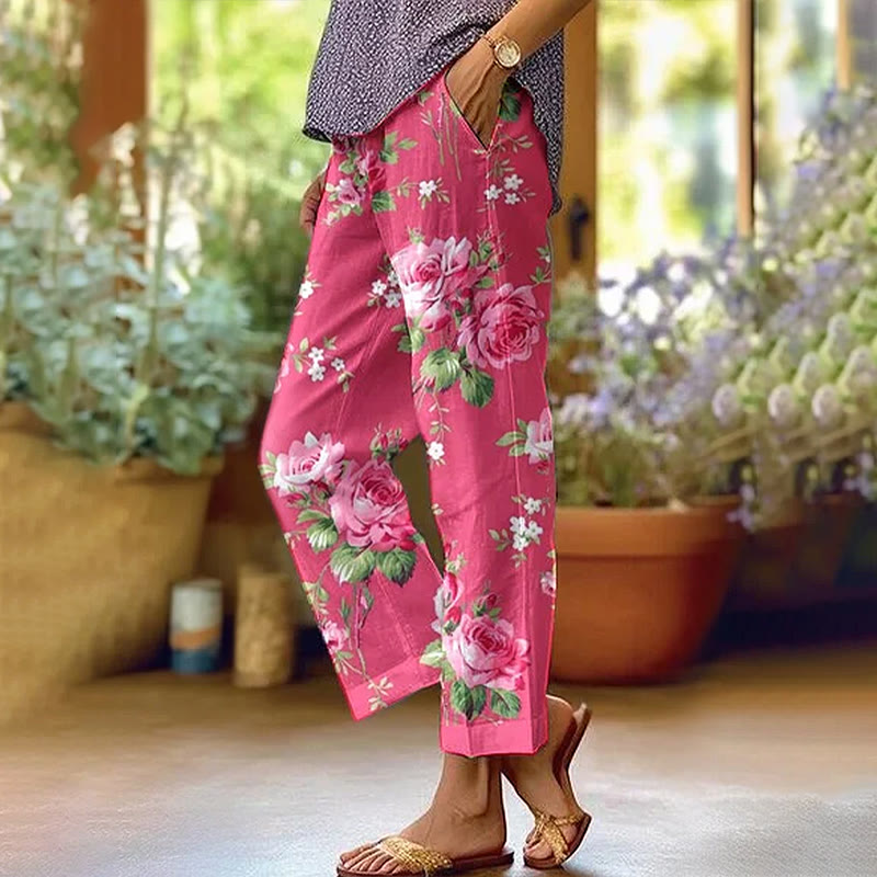 Boho Hot Pink Floral Art Print Casual Pocket Pants - Pink - US 20 (5XL) - image 1