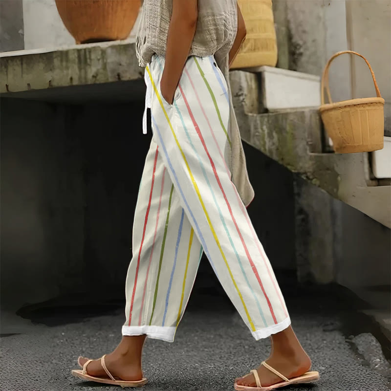 Colorful Vertical Stripe Art Print Casual Pocket Pants - Beige - US 20 (5XL) - image 1