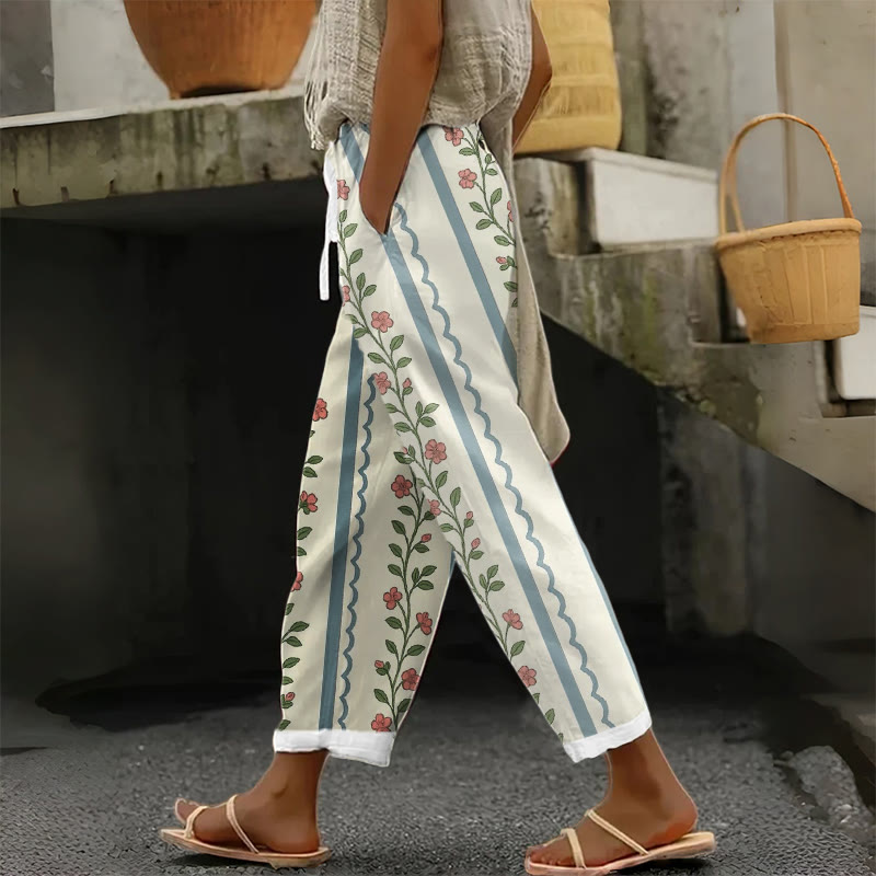 Cream Floral Vine & Blue Stripe Art Print Casual Pocket Pants - Apricot - US 20 (5XL) - image 1