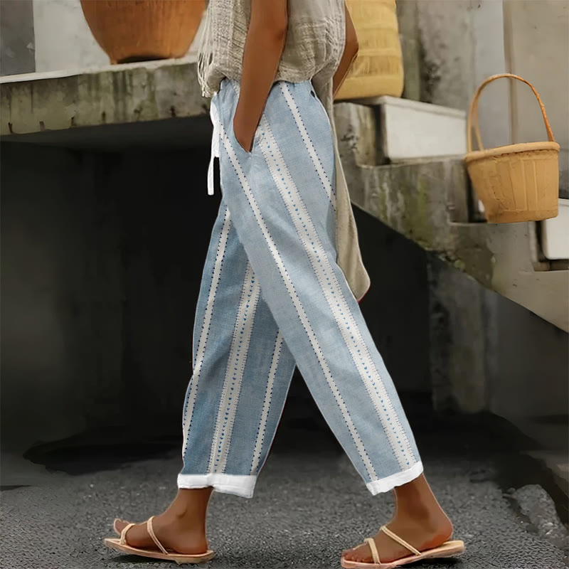 Ladies Vertical Stripe Print Casual Pocket Pants - Blue - US 20 (5XL) - image 2