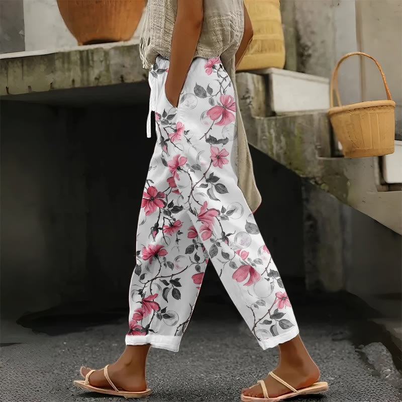 Boho Pink Blossom Print Casual Pocket Pants - White - US 20 (5XL) - image 1
