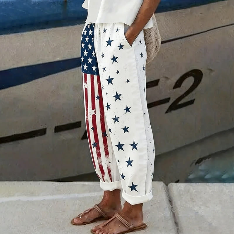 Vintage Us Flag Star Print Casual Pocket Pants - White - US 20 (5XL) - image 1
