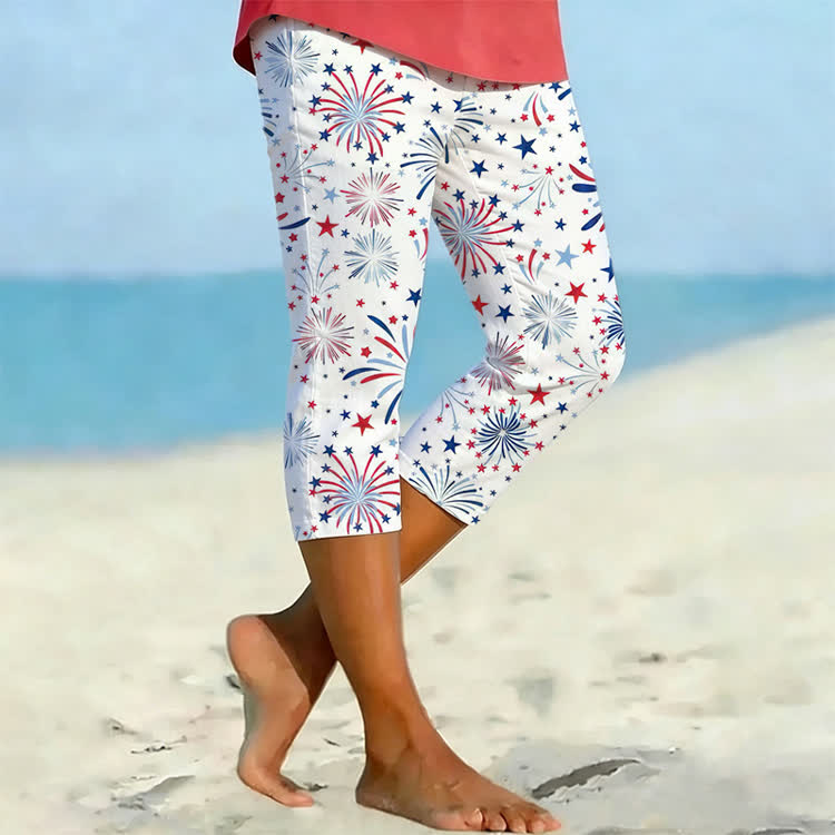 Independence Day Colorful Fireworks Print Leggings - White - US 22 (5XL) - image 1