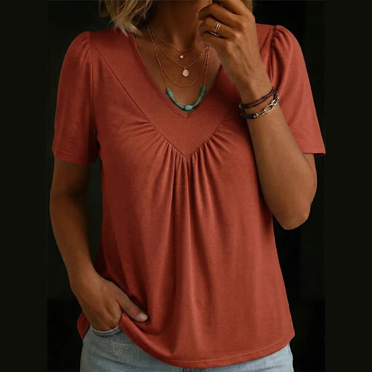 Elegant Cozy Solid Pleated Stretch Short Sleeved V-neck T-shirt - image 2