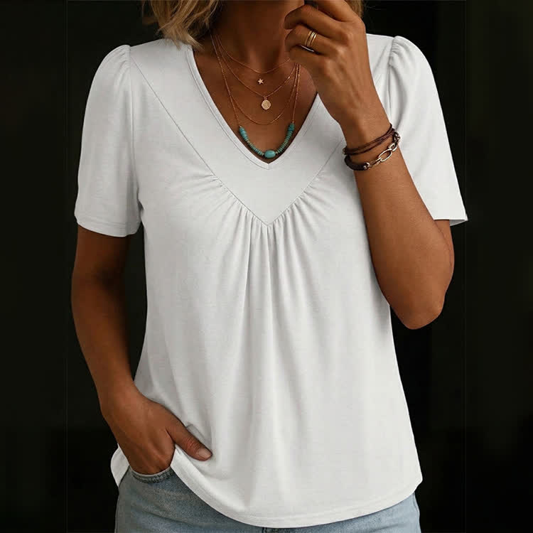 Elegant Cozy Solid Pleated Stretch Short Sleeved V-neck T-shirt - image 1