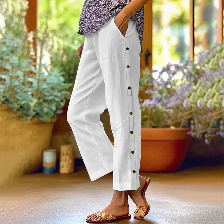 Casual Solid Pocket Pants With Side Buttons - White - 3XL - image 1