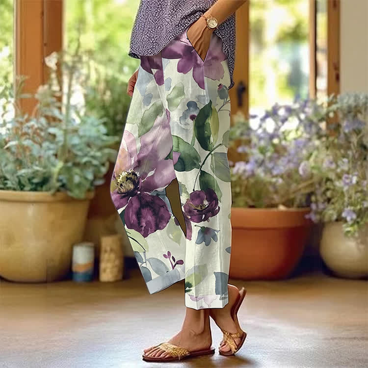 Elegant Large Watercolor Flowers Pattern Print Casual Pocket Pants  - Light Green - US 20 (5XL) - image 1