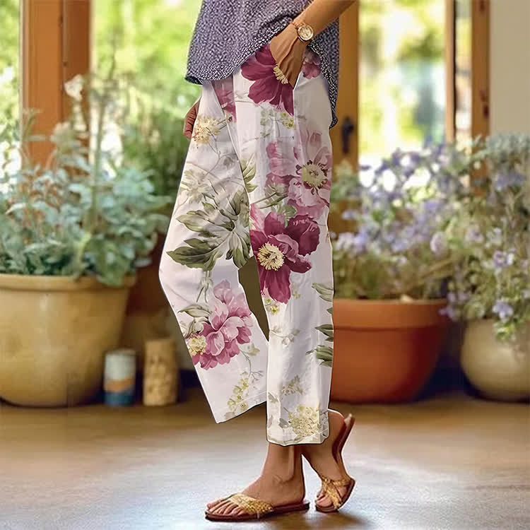 Retro Courtly Floral Pattern Print Casual Pocket Pants  - Light Pink - US 20 (5XL) - image 1