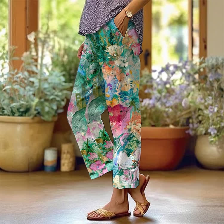 Oil Painting Garden Art Pattern Print Casual Pocket Pants  - Green - US 20 (5XL) - image 1