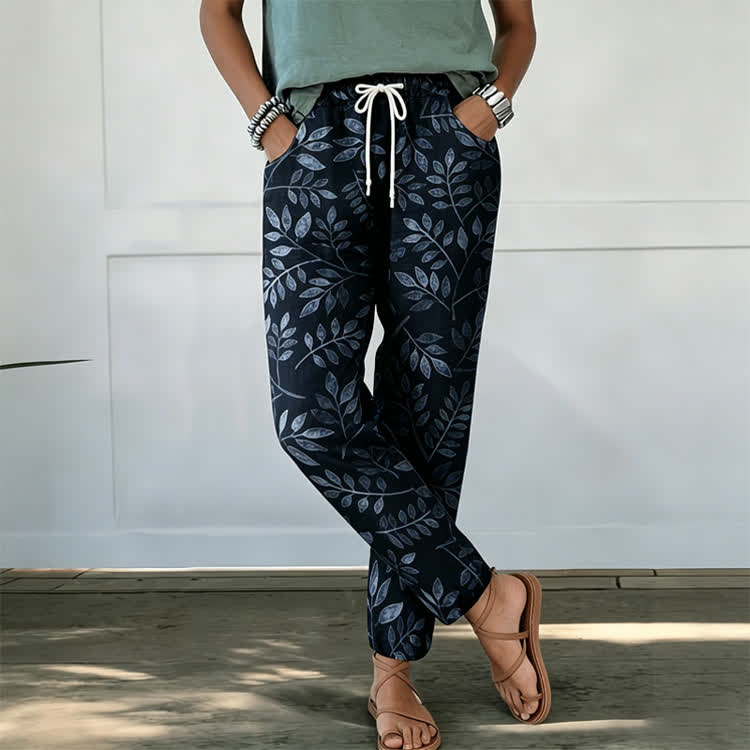 Elegant Leafy Vines Pattern Print Casual Pocket Pants  - Navy Blue - US 20 (5XL) - image 1