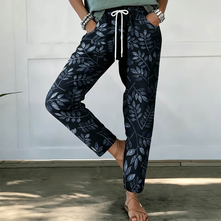 Elegant Leafy Vines Pattern Print Casual Pocket Pants  - image 2