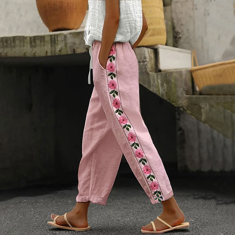 Romantic Daisy Stripes Pattern Print Casual Pocket Pants  - Pink - US 20 (5XL) - image 1