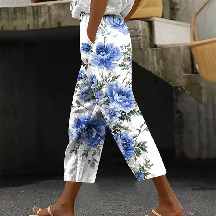 Elegant Large Peony Blossom Pattern Print Casual Pocket Pants  - White - US 20 (5XL) - image 1