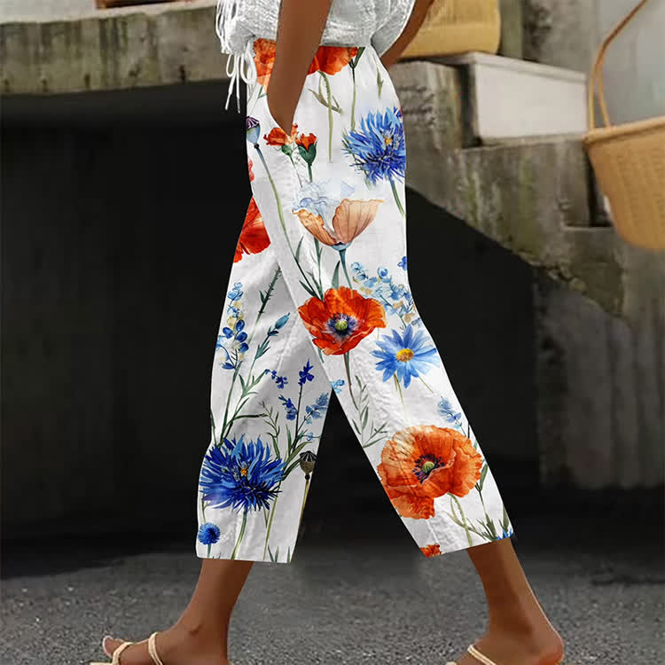 Elegant Watercolor Poppies Pattern Print Casual Pocket Pants  - White - US 20 (5XL) - image 1