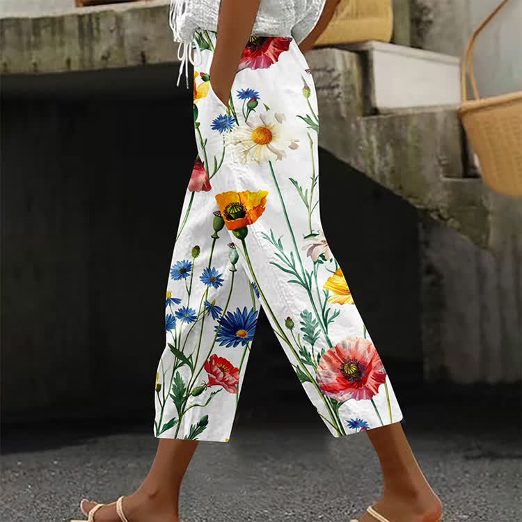 Elegant Watercolor Daisy Wildflowers Pattern Print Casual Pocket Pants  - White - US 20 (5XL) - image 1