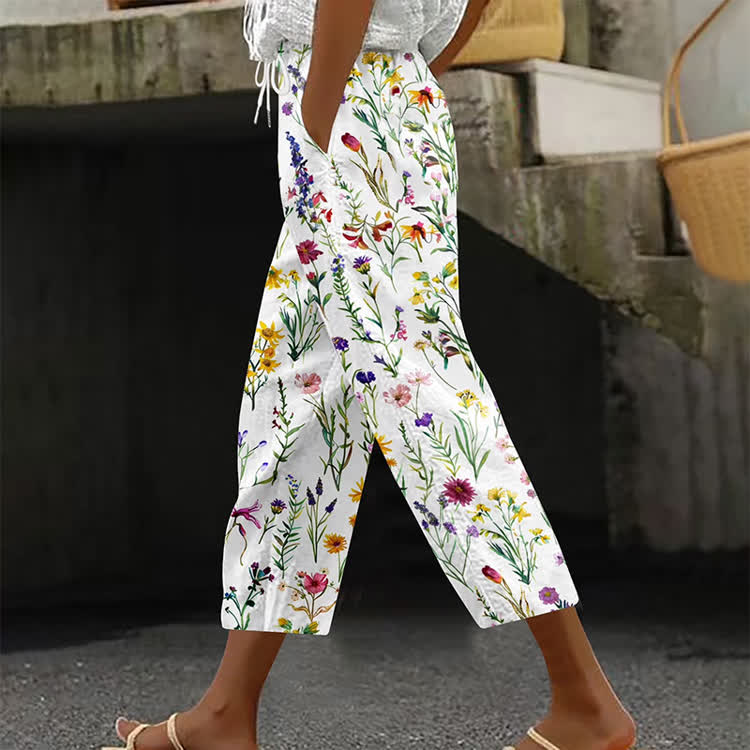 Pastoral Watercolor Wildflowers Pattern Print Casual Pocket Pants  - White - US 20 (5XL) - image 1