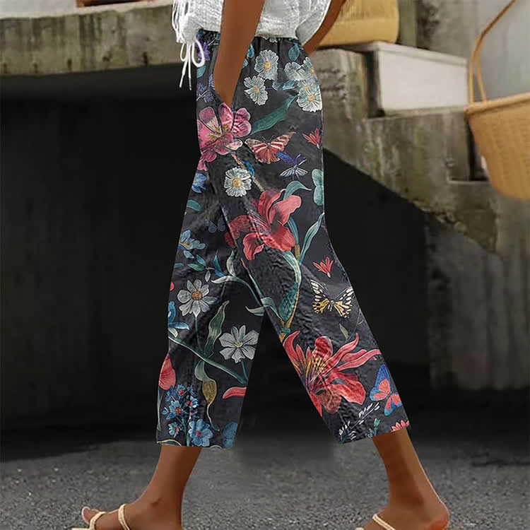 Magnificent Large Flowers And Butterflies Pattern Print Casual Pocket Pants  - Black - US 20 (5XL) - image 1