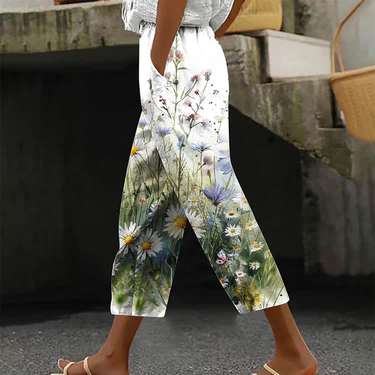 Wild Grass And Daisies Pattern Print Casual Pocket Pants  - White - US 20 (5XL) - image 1