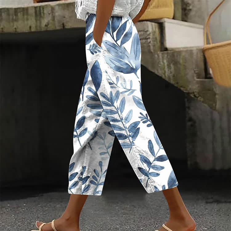 Watercolor-Blended Leaf Silhouettes Pattern Print Casual Pocket Pants  - White - US 20 (5XL) - image 1