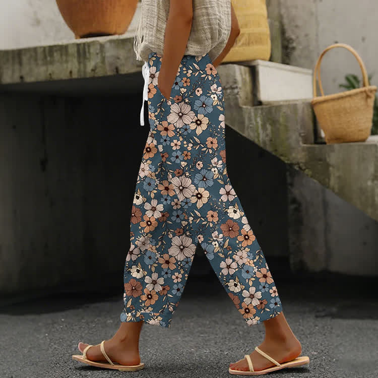 Retro Hippie Daisy Pattern Print Casual Pocket Pants  - Blue - US 20 (5XL) - image 2