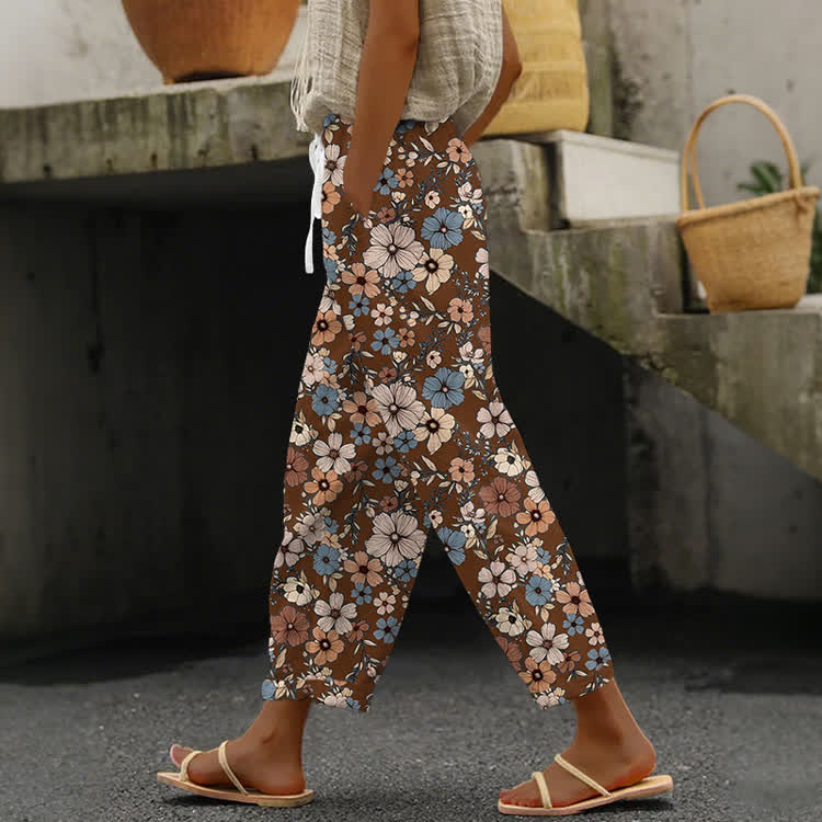 Retro Hippie Daisy Pattern Print Casual Pocket Pants  - Brown - US 20 (5XL) - image 1