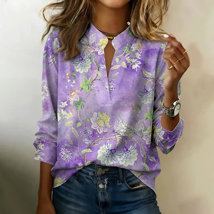 Retro Boho Ethnic Floral Pattern Print Notch-collar Long-sleeve Blouse - Purple - 3XL - image 1