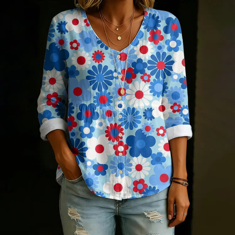 Retro Blue & Red Floral Print Button V-neck A-line Long Sleeve Blouse - White - US 26-28 (4XL) - image 1