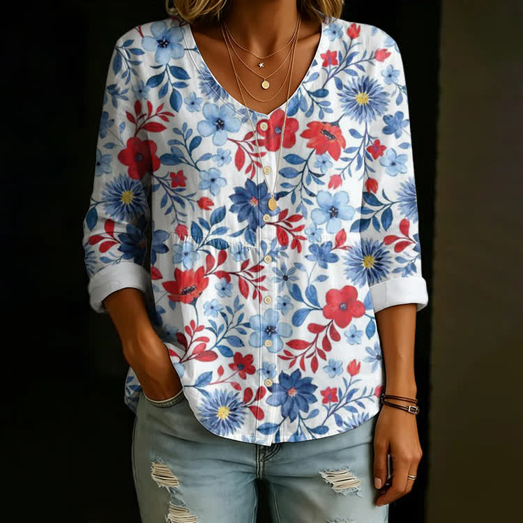 Retro 70s Blue & Red Floral Print Button V-neck A-line Long Sleeve Blouse - White - US 26-28 (4XL) - image 1
