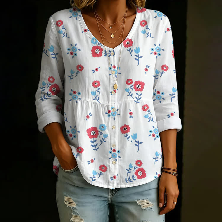 Cottagecore Floral Print Button V-neck A-line Long Sleeve Blouse - White - US 26-28 (4XL) - image 1
