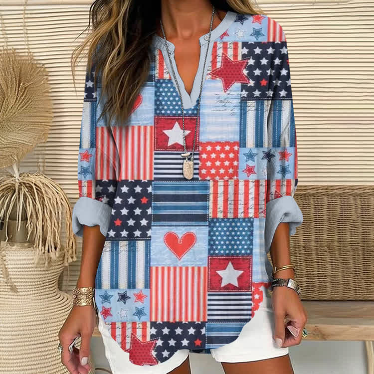 Red White Blue Star & Heart Print Short Sleeve Casual Blouse - Blue - US 30 (8XL) - image 1
