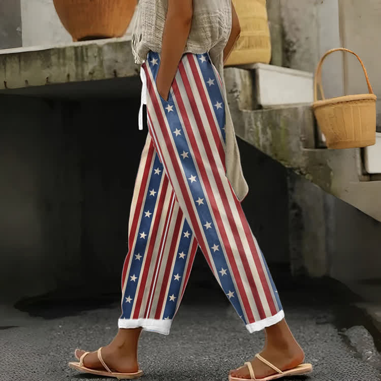 Retro Patriotic Star & Stripe Print Casual Pocket Pants - White - US 20 (5XL) - image 1