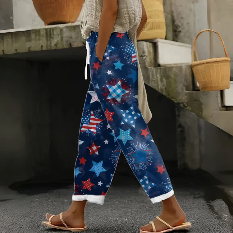 Patriotic Star & Firework Print Casual Pocket Pants - Navy Blue - US 20 (5XL) - image 1