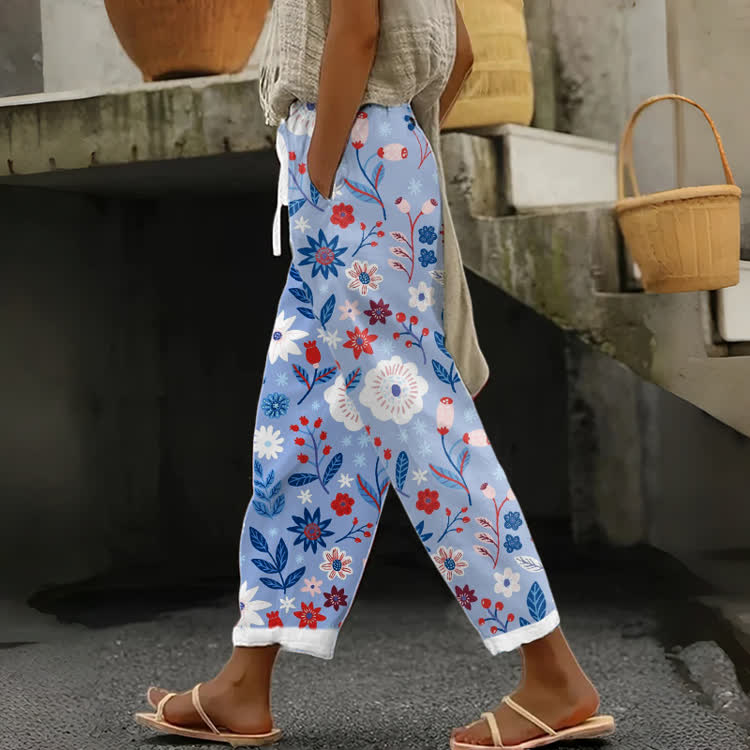 Light Blue Folk Floral Print Casual Pocket Pants - Light Blue - US 20 (5XL) - image 1