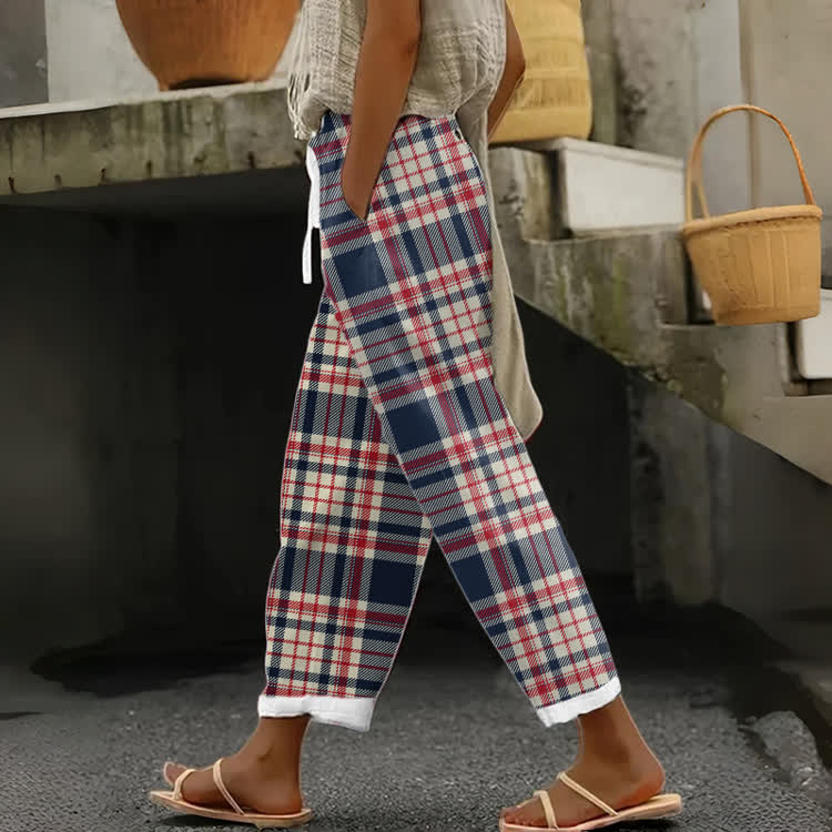 Red White Blue Plaid Print Casual Pocket Pants - Blue - US 20 (5XL) - image 1