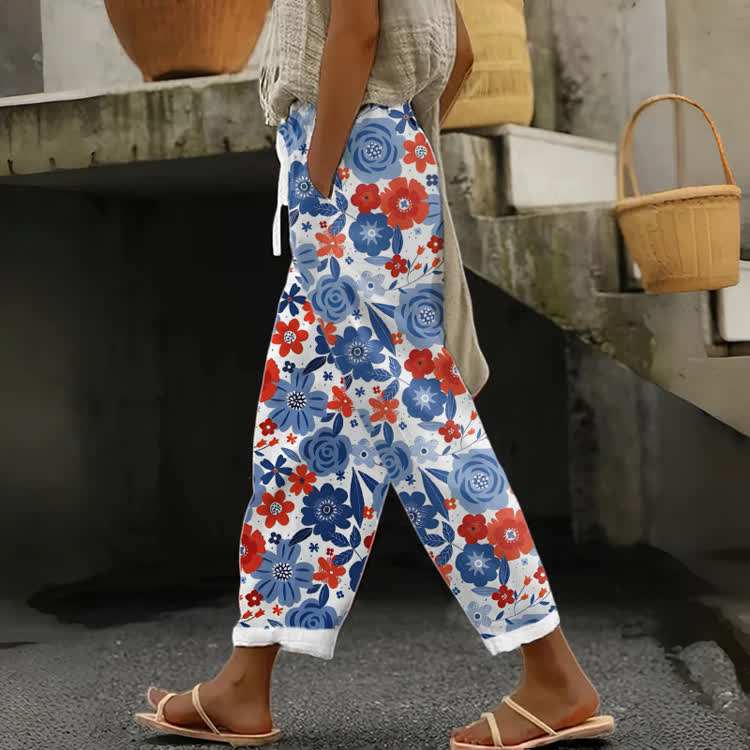 Retro Red & Blue Floral Print Casual Pocket Pants - White - US 20 (5XL) - image 1