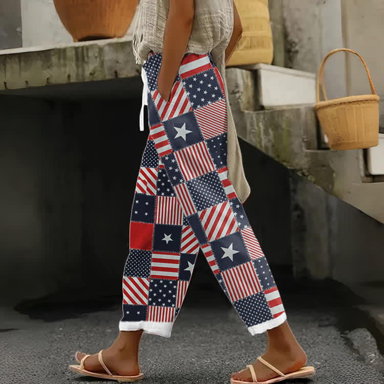 Vintage Star & Stripe Print Casual Pocket Pants - Multicolor - US 20 (5XL) - image 1