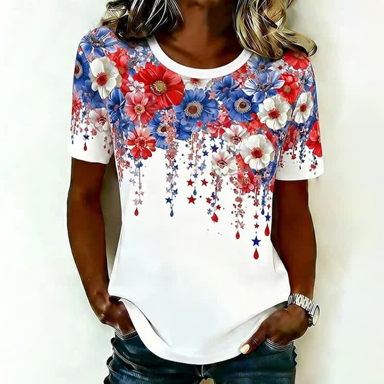 Patriotic Waterfall Floral Print Casaul T-shirt - White - US44-46(8XL) - image 1
