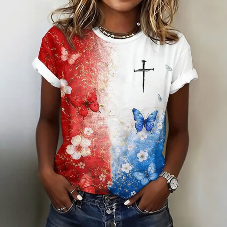 Patriotic Ombre Floral Butterfly Print Casaul T-shirt - White - US44-46(8XL) - image 1
